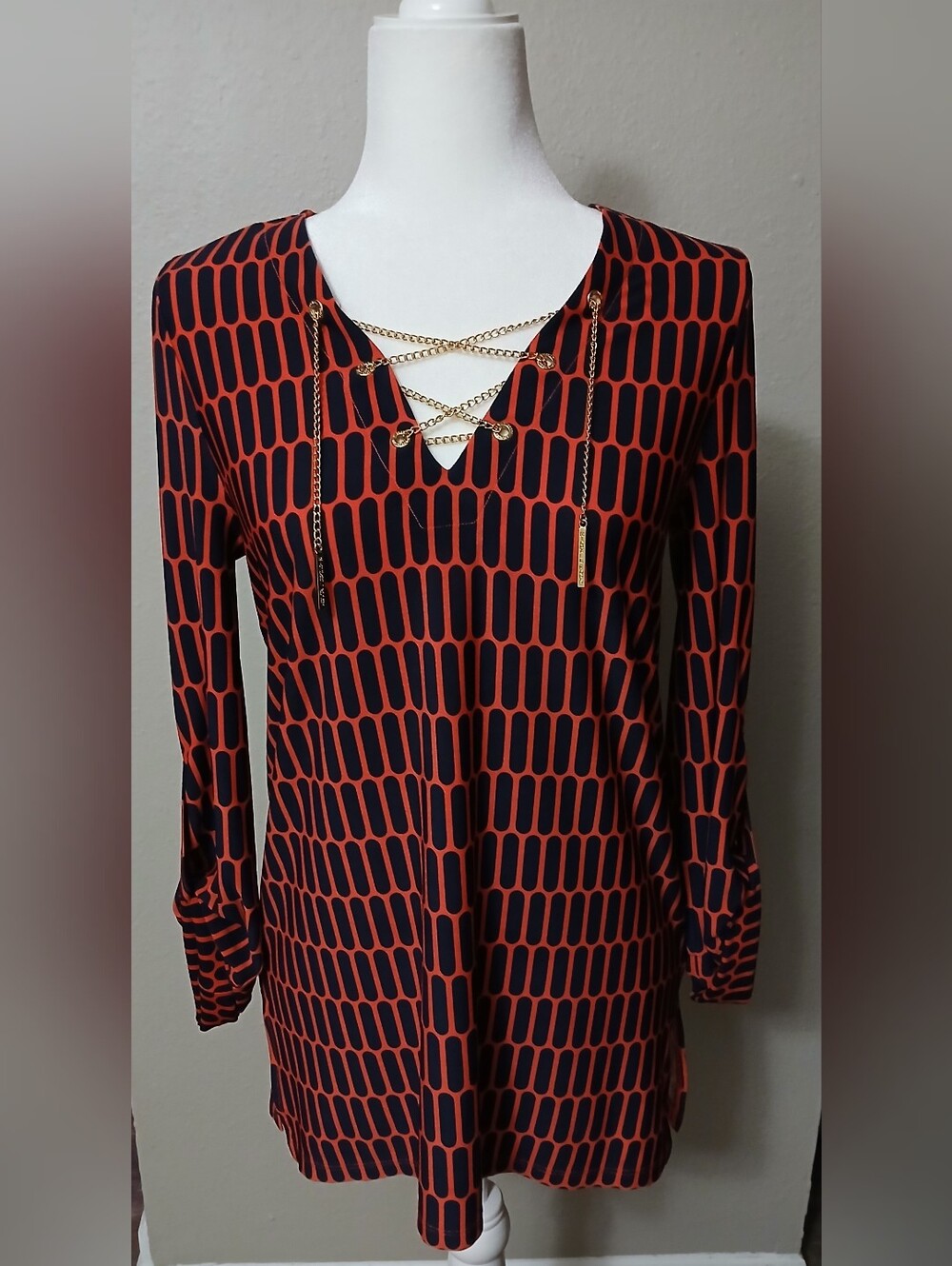 Michael Kors Womens Navy and Rust Geometric 3/4 Sleeve Tunic Top